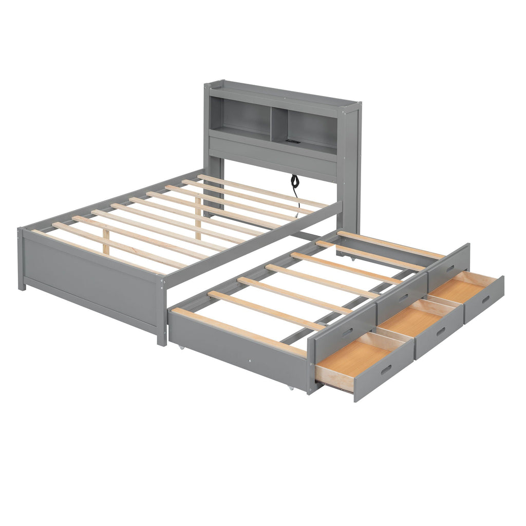 Full Size Platform Bed With Trundle, Drawers, USB Ports And Built In Shelves - Gray