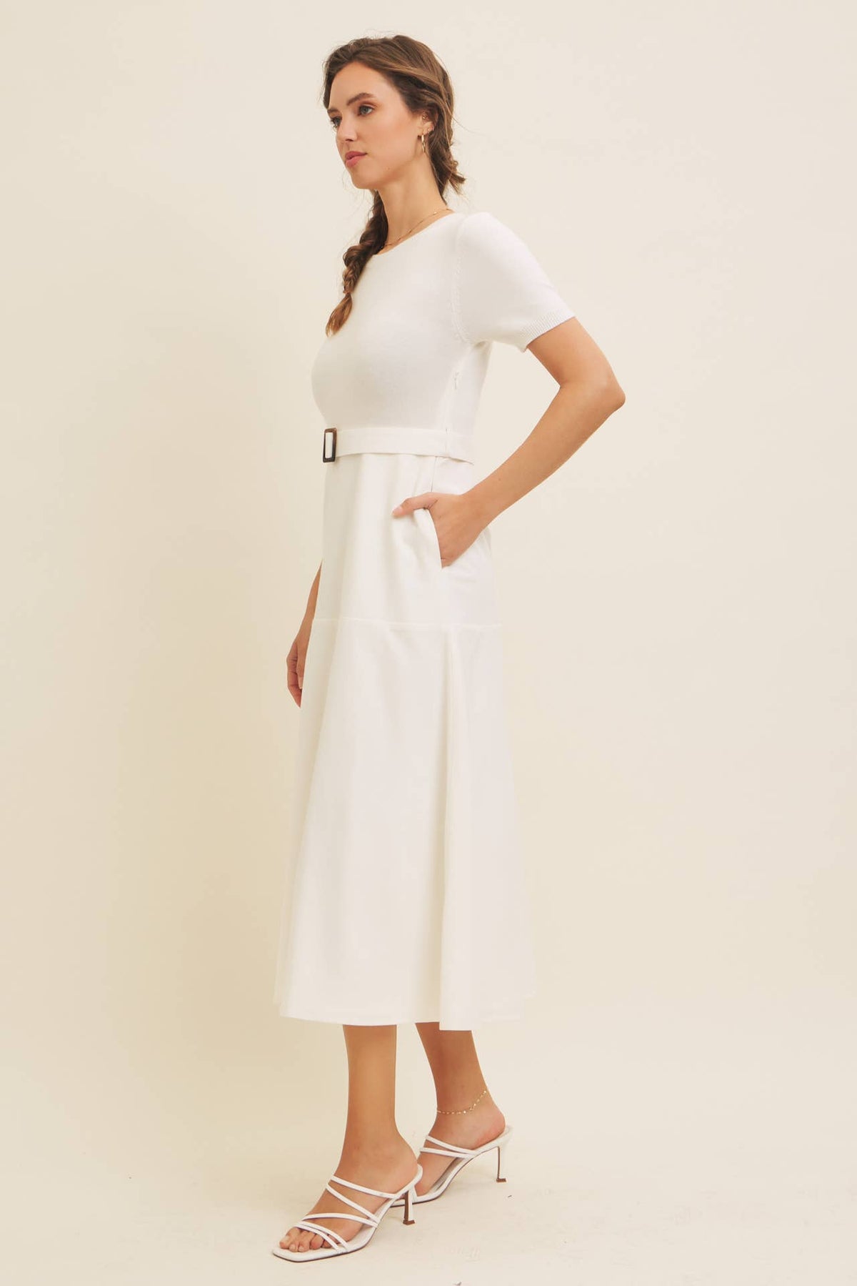 Delaney Sweater Midi Dress - White Mixed Media Dress with Belt