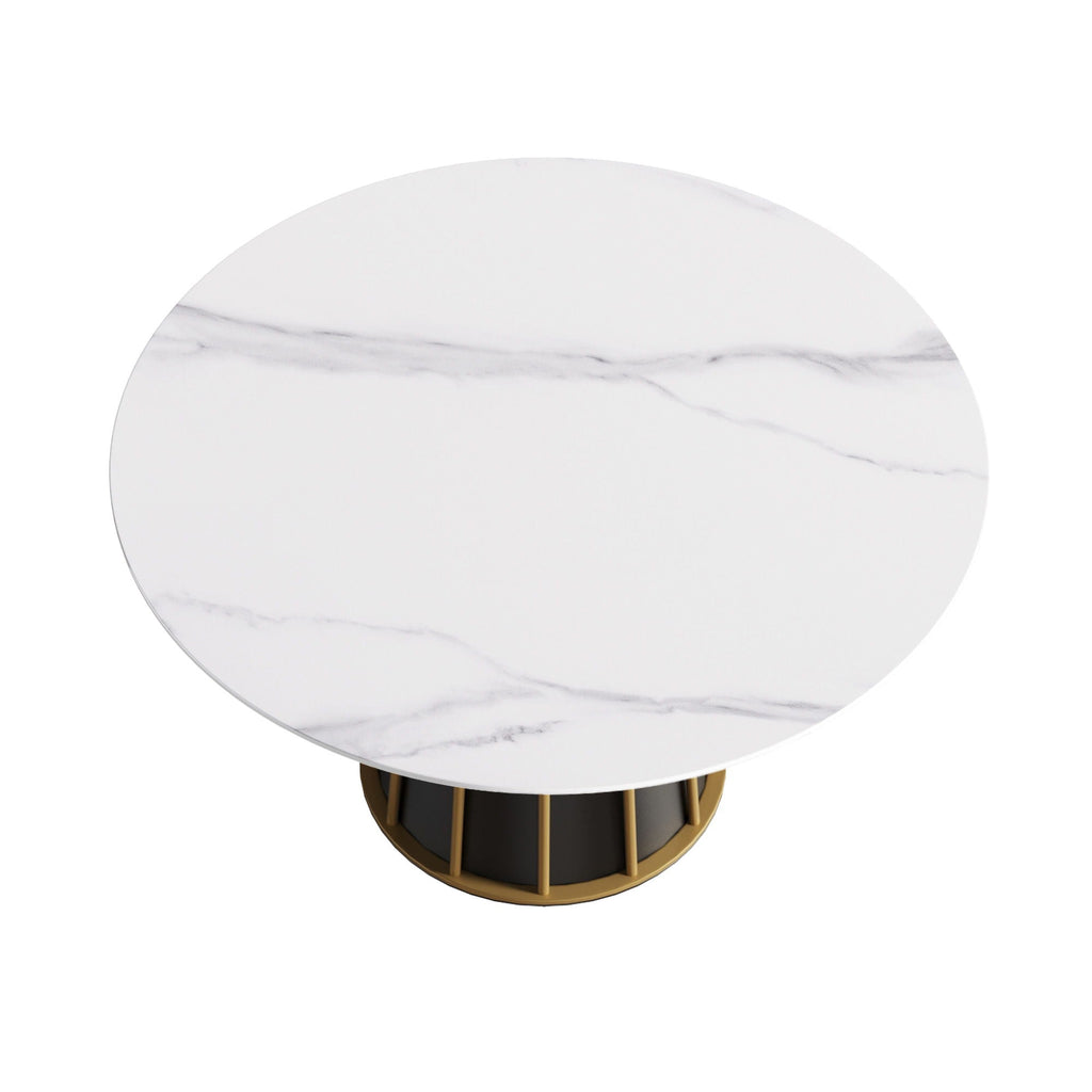 53.15" Modern Artificial Stone Round Panel Metal Iron Base Dining Table, Can Accommodate 6 People, (Not Including Chairs) - White / Black