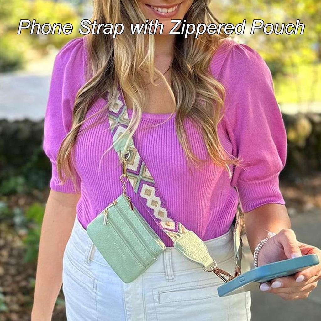 Phone Lanyard with Zipper Pouch – Embroidered Nylon Canvas Crossbody Bag