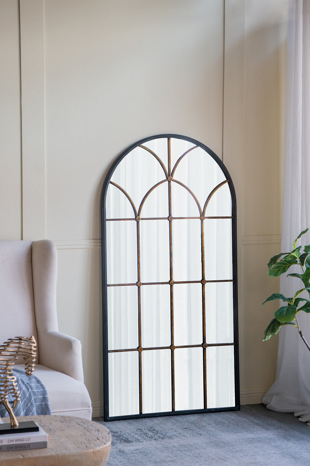 34x65.5' Arched Full-Length Mirror with Black and Gold Windowpane Design