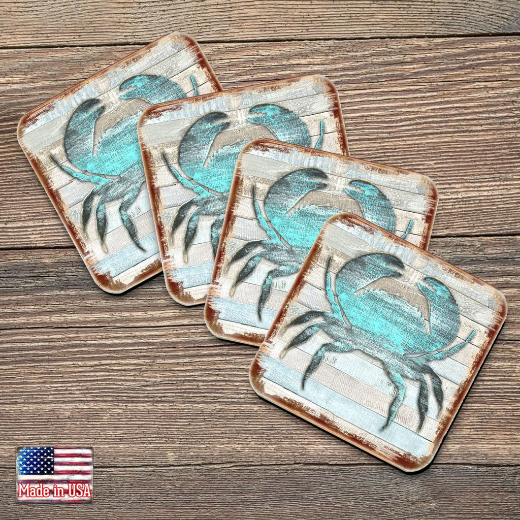 Crab Coastal Wooden Cork Coasters Gift Set of 4 by Nature Wonders - Coastal Sea-Life Decor - 8198511-9C-S4