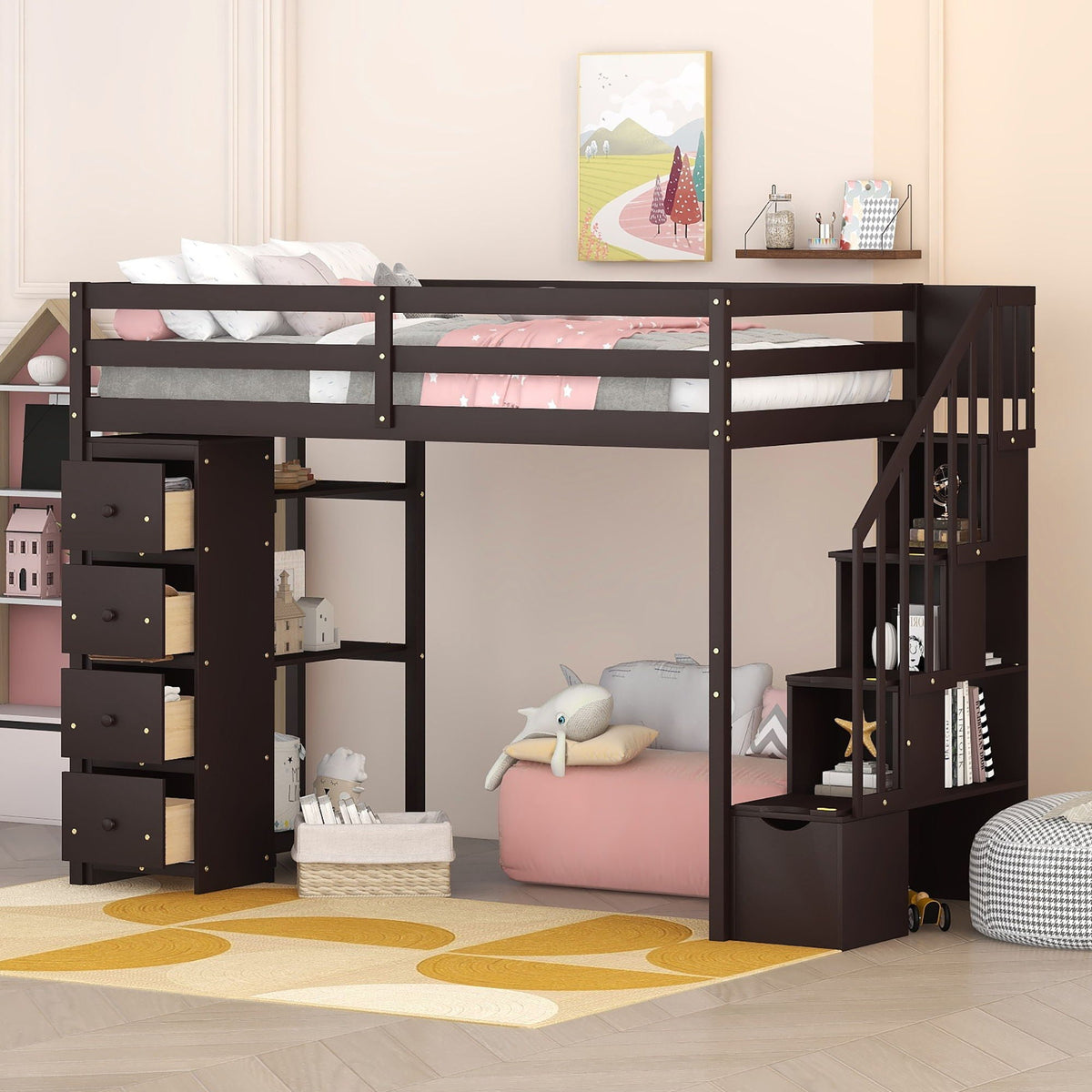 Loft Bed With Storage Drawers And Stairs With Shelves