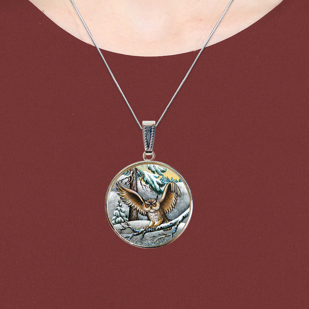 Fluttering Owl Silver Plated Mother of Pearl Jewelry Necklace - 44012