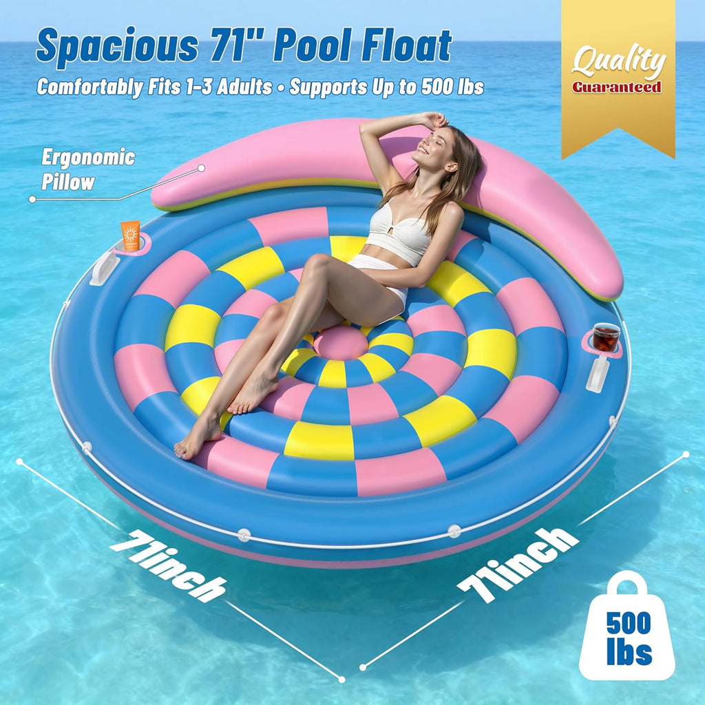 Pool Floats Adult, Inflatable Tanning Pool - Extra Large Pool Floats for Adults Heavy Duty, round Pool Rafts, River Lake Floaties Water Floats with Cup Holders