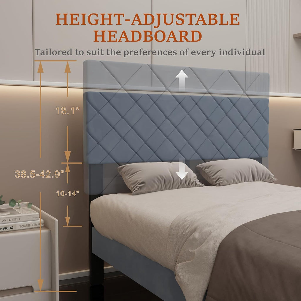 Twin Bed Frames with Adjustable Headboard, Velvet Upholstered Platform Bed, Twin Size Bed Frames with Strong Metal Slat Support,Mattress Foundation, No Box Spring Needed,Easy Assembly Gary