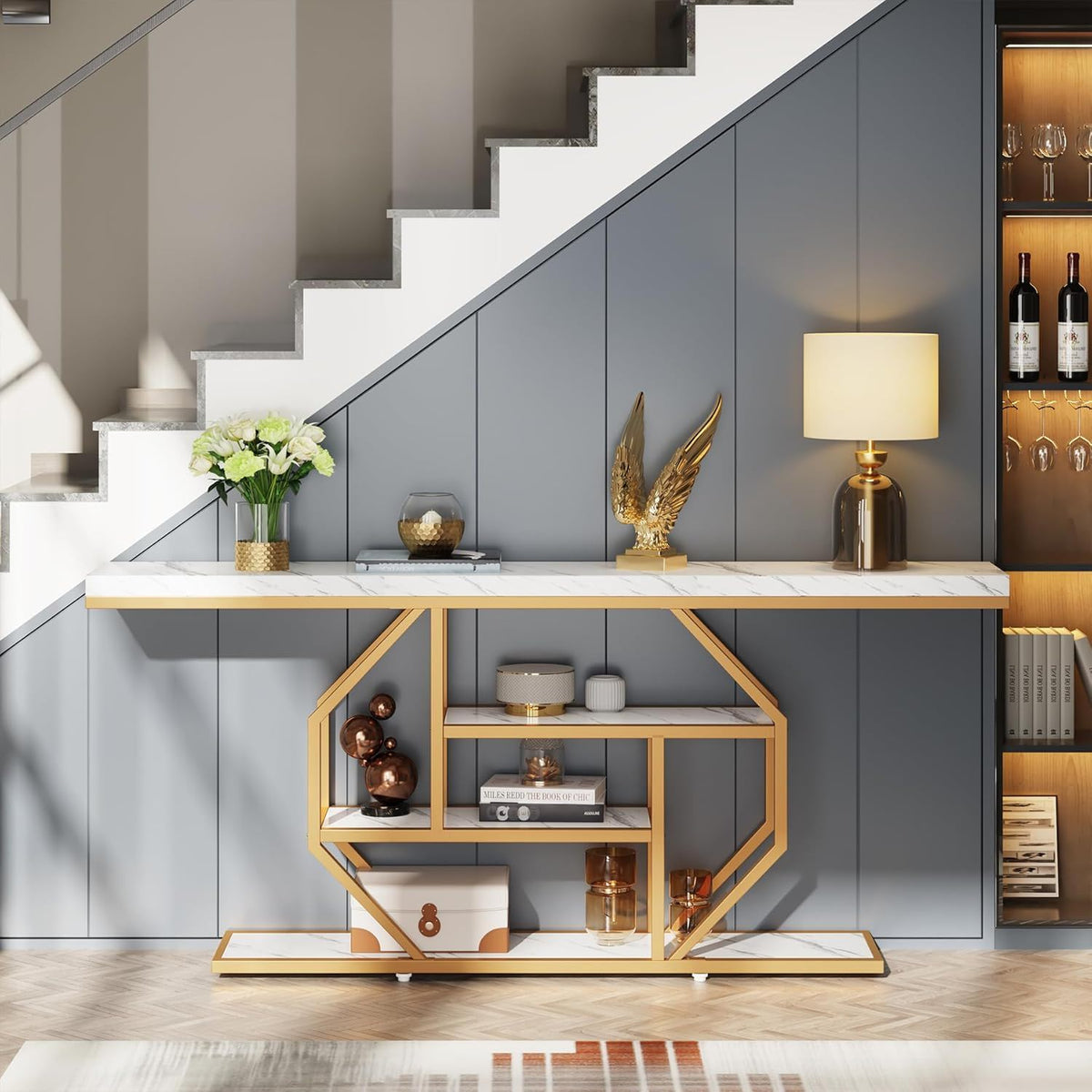 Extra Long Console Table With 4 Tier Storage For Living Hallway - White / Gold