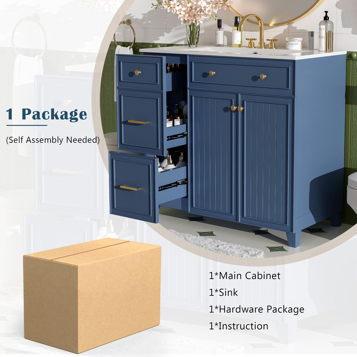 Bathroom Vanity With Sink, Soft Close Doors, Adjustable Shelves