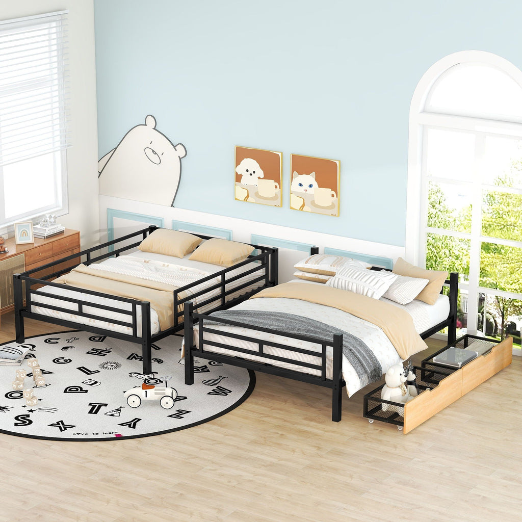 Full Size Convertible Bunk Bed With 2 Drawers Durable - Black