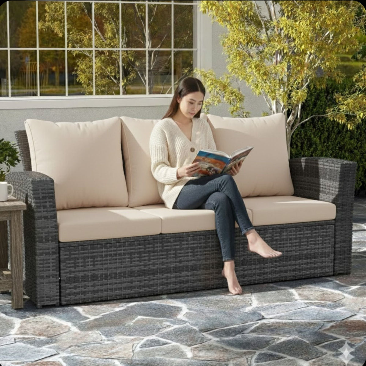 All-Weather Wicker 3 Seat Patio Sofa With Thick Cushions