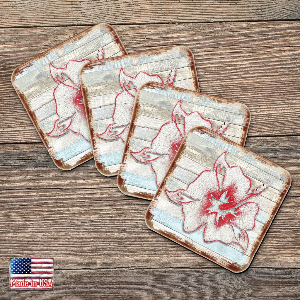 Hibiscus Flower Wooden Cork Coasters Gift Set of 4 by Nature Wonders - Nature Wildlife Decor  - 8198421-9C-S4