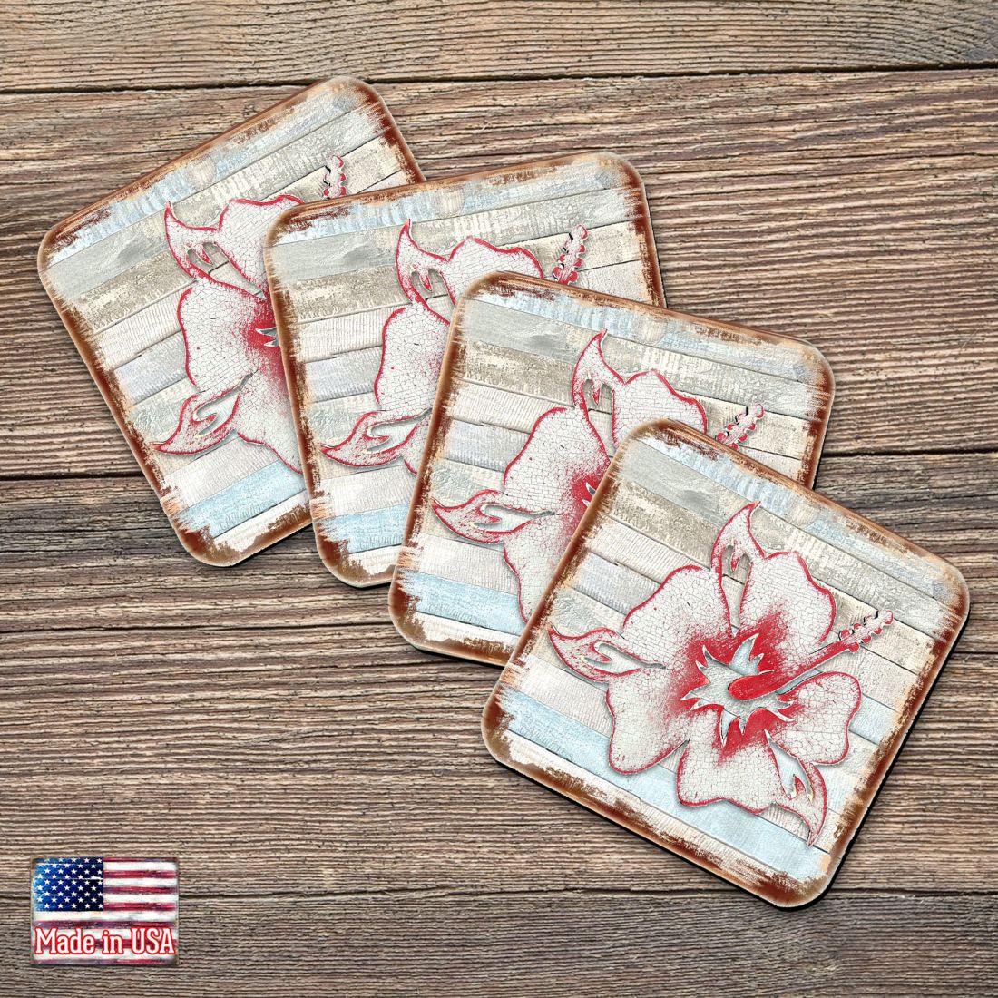 Hibiscus Flower Wooden Cork Coasters Gift Set of 4 by Nature Wonders - Nature Wildlife Decor  - 8198421-9C-S4
