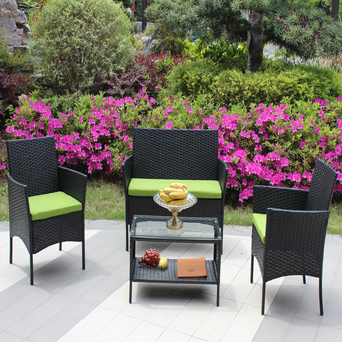4 PC Rattan Patio Furniture Set Outdoor Cushioned Wicker Sofa Green Cushion