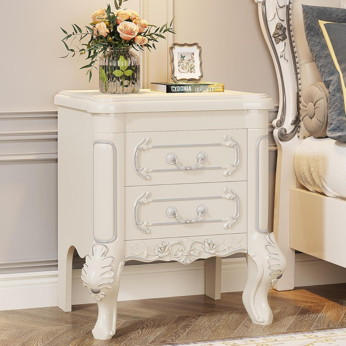 Carved Nightstand With 2 Drawers, Bedside Table - White