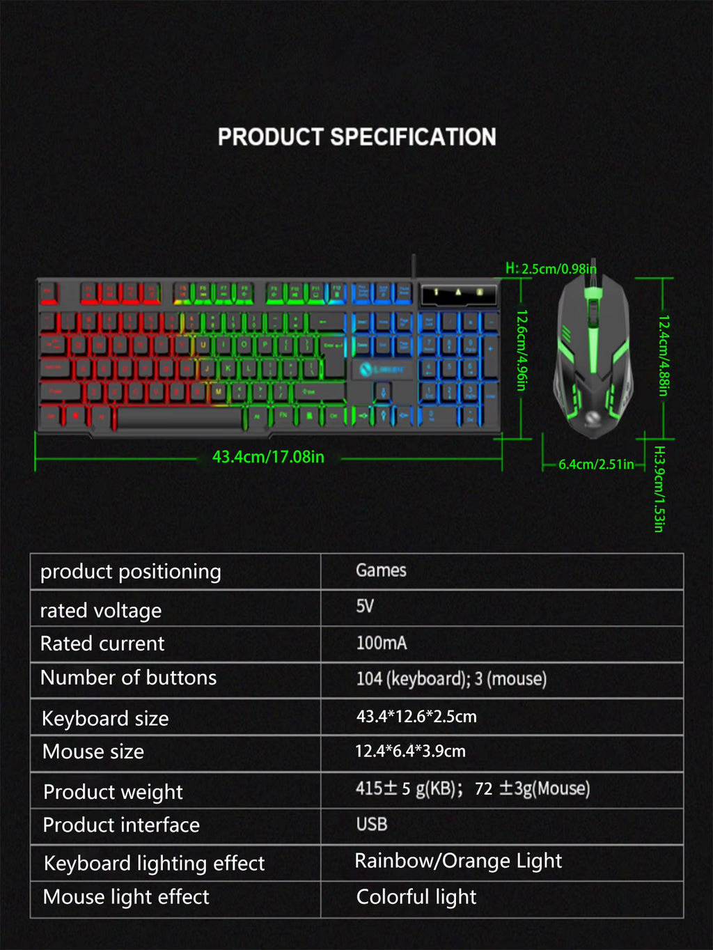 Colorful and Dazzlingly Glowing Gaming Mechanical Wired Keyboard and Mouse Set, Suitable for Desktop Computers and Laptops