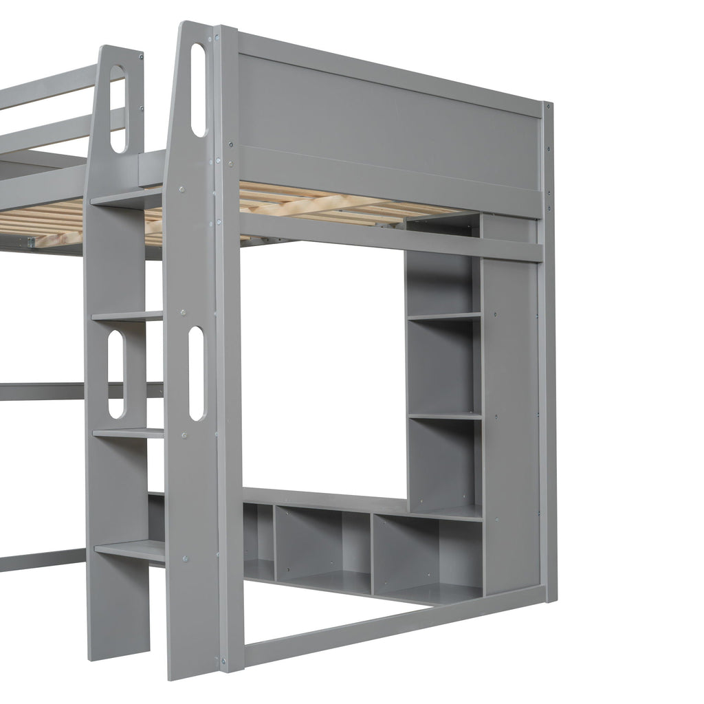 Gaming Loft Bed With Desk, Multi Storage Shelves, LED Lighting, And Hanging Clothes Rack