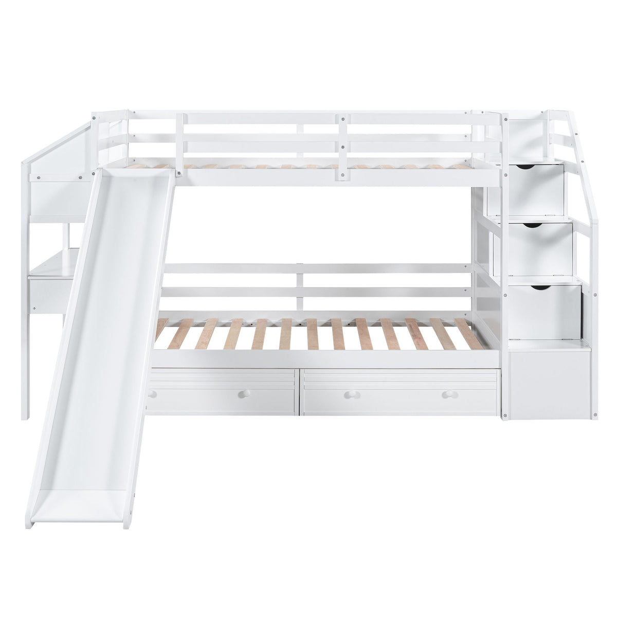 Bunk Bed With Storage Staircase, Slide, Desk, Drawers, And Shelves