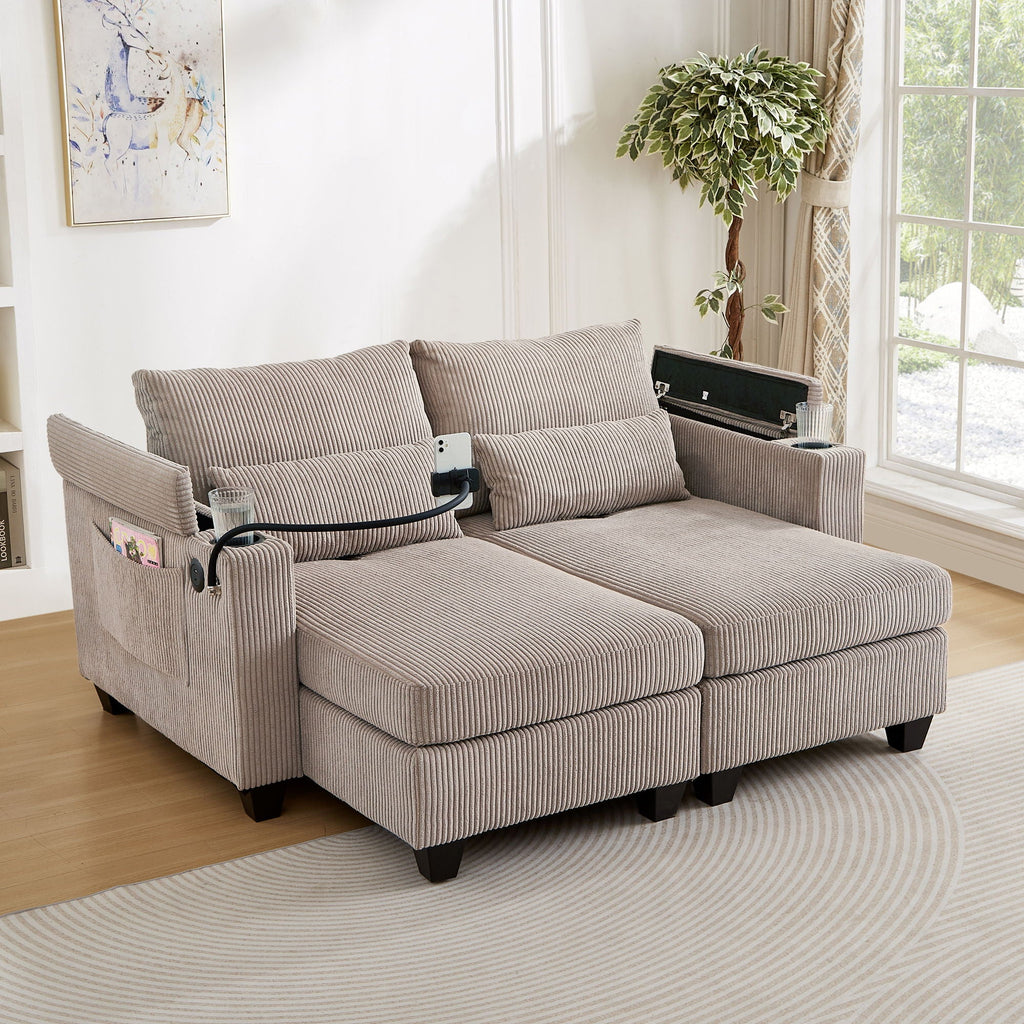 Convertible Chaise Lounge Sofa Chair With USB Ports, Cup Holders, Phone Holder And Storage