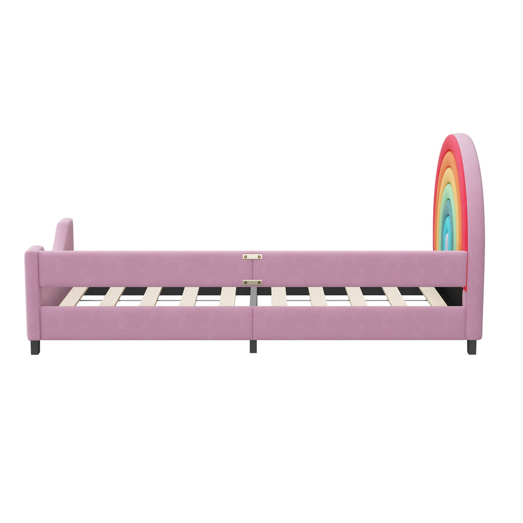 Rainbow Upholstered Twin Daybed Low To The Ground Design Cute Style Princess Bed - Colorful / Pink
