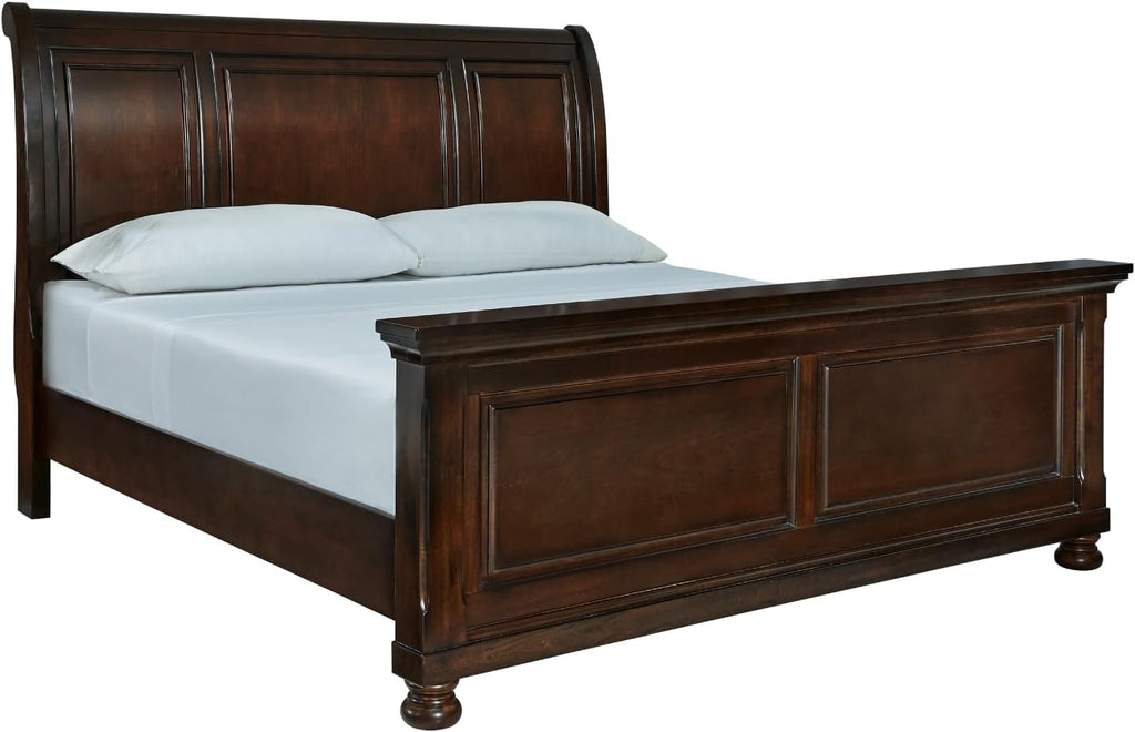Signature Design by Ashley Porter Traditional King Sleigh Bed with Bun Feet, Foundation or Box Spring Needed, Dark Brown