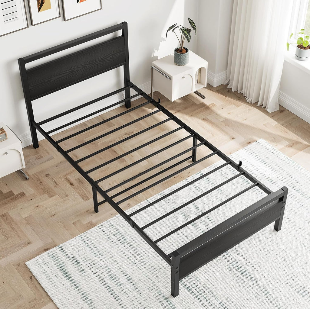 Black Twin Bed Frame with Wood Headboard,Metal Single Platform Bed Frame Twin Size No Box Spring Needed,Heavy Duty Metal Slats Support,Mattress Base,Noise Free,Easy Assembly,Black