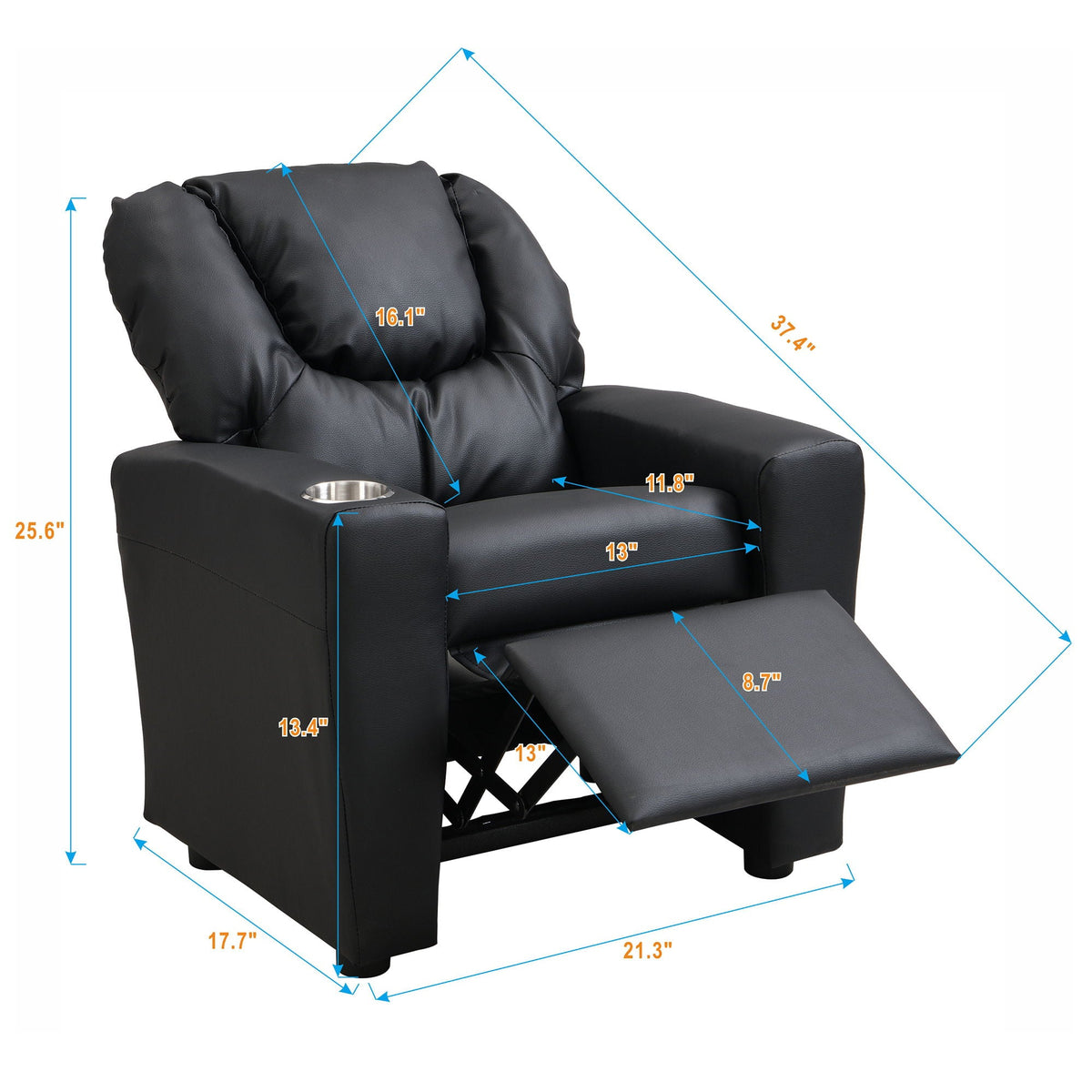 Sally Deluxe Kids Recliner Chair With Cup Holder - Black