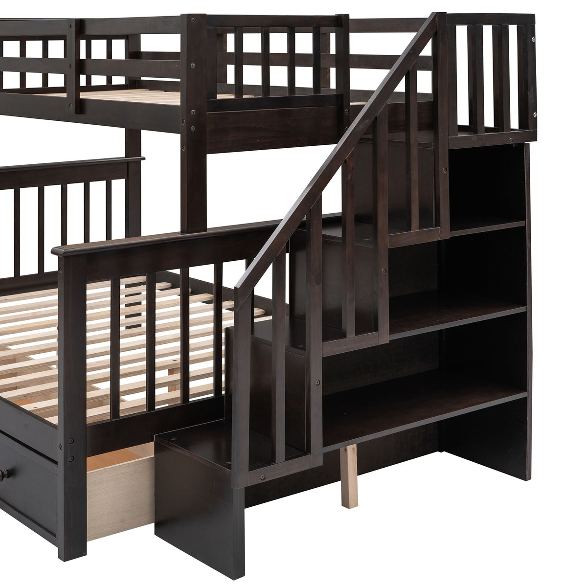 Stairway Bunk Bed With Storage And Guard Rail For Bedroom