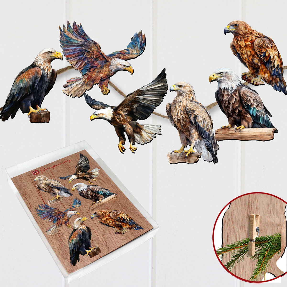 Eagle's Flight Clip-On Eco Wood Decorative Ornaments Set of 6 by G. Debrekht - Wildlife Decor - 8090101C-S6