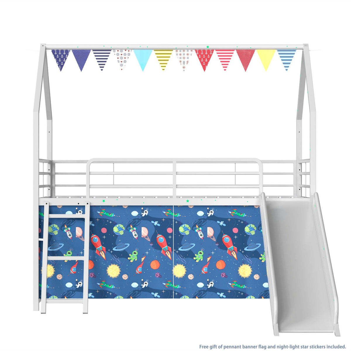 Jack - House Loft Bed With Slide And Curtain Set