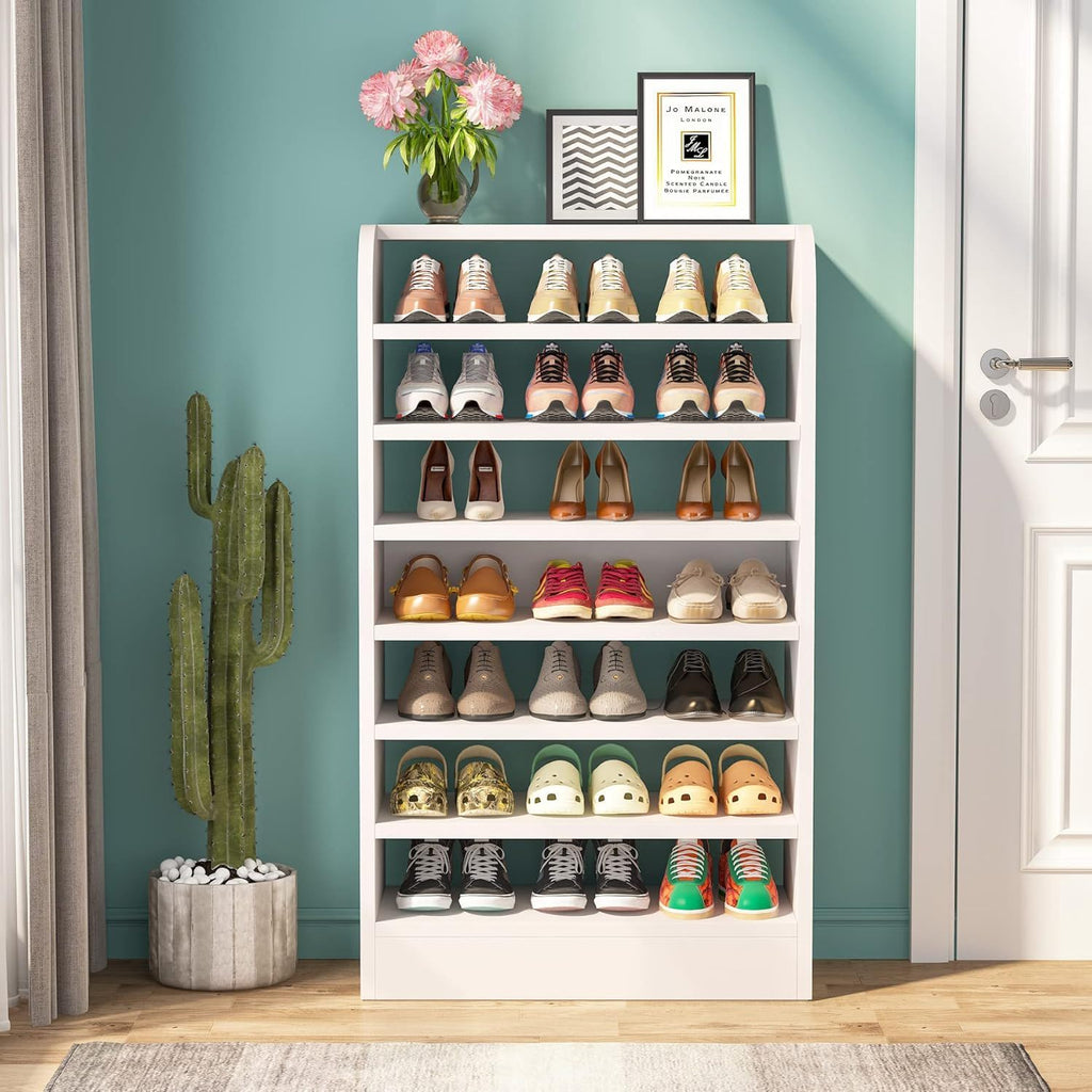 8 Tier Tall Shoe Rack, Wooden Shoe Storage Cabinet, Entryway Organizer - White