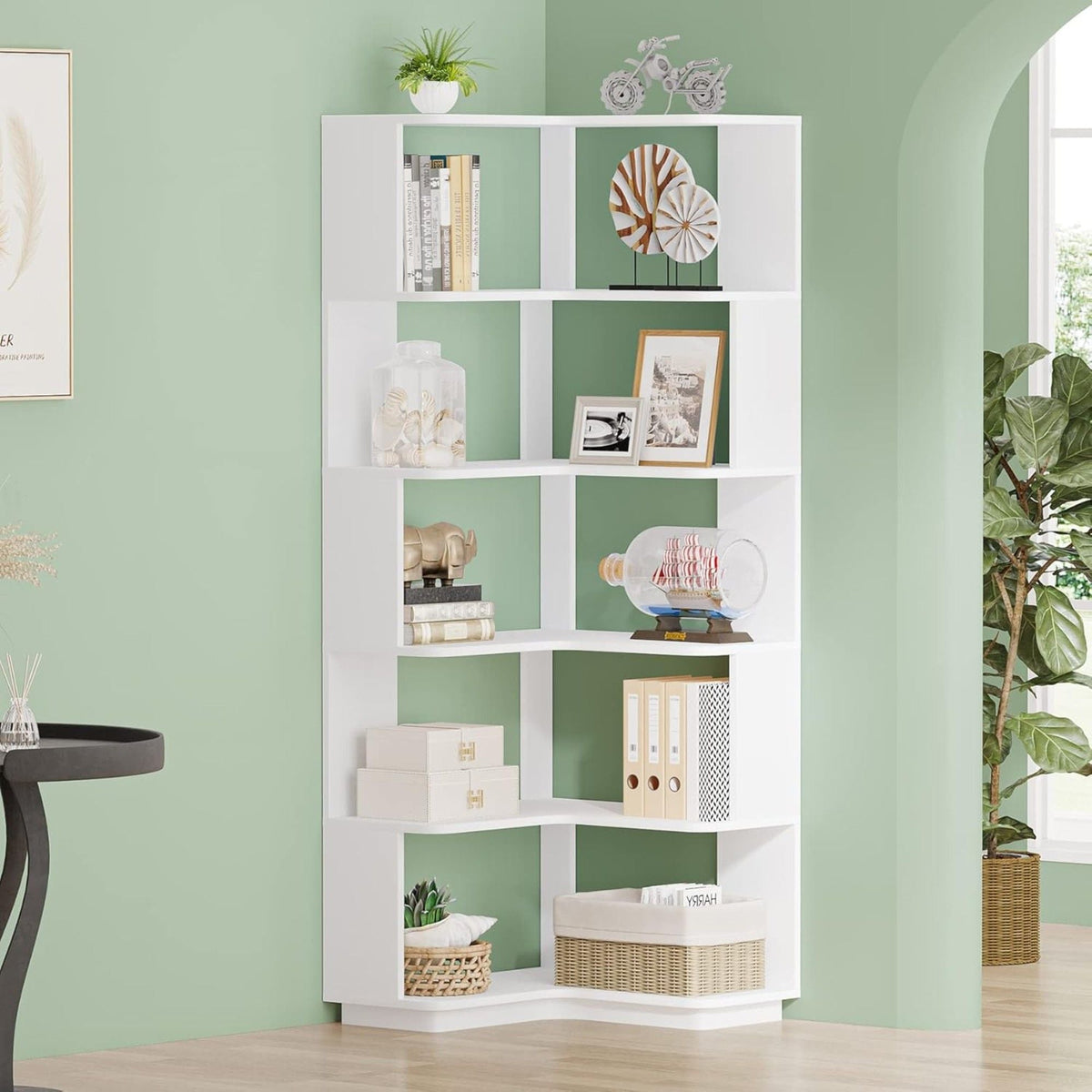 6 Tier Corner Bookshelf, L-Shaped Freestanding Shelf With Anti Drop Panels