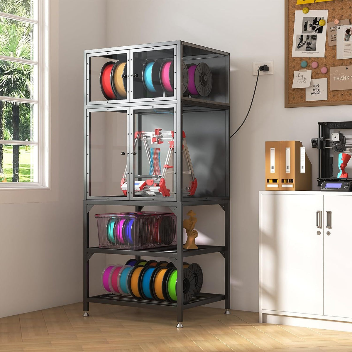 3D Printer Cabinet With Double Layer Filament Storage, Noise Reducing Design - Black