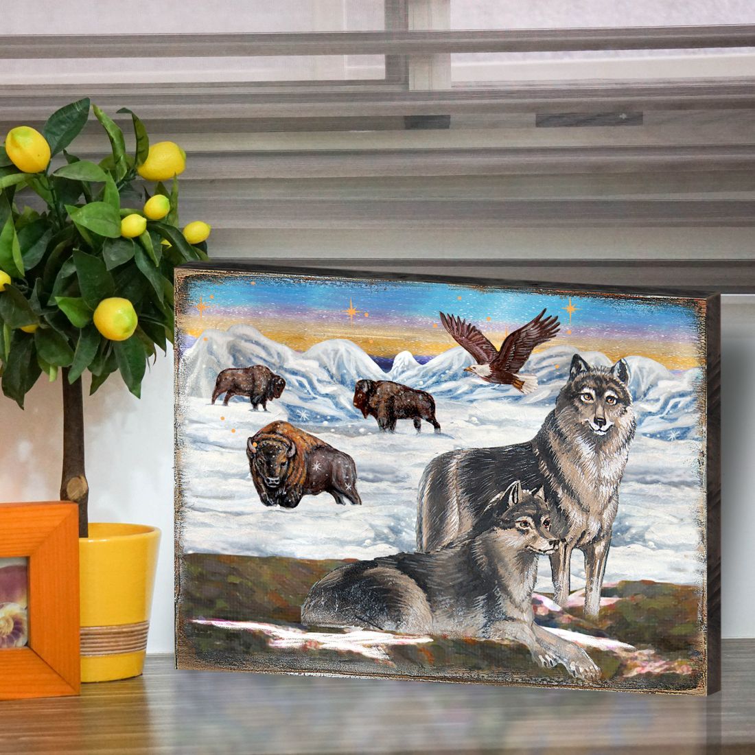 Winter Wolves Art Wooden Wall Art by Nature Wonders - Nature Wildlife Decor  - 95222B