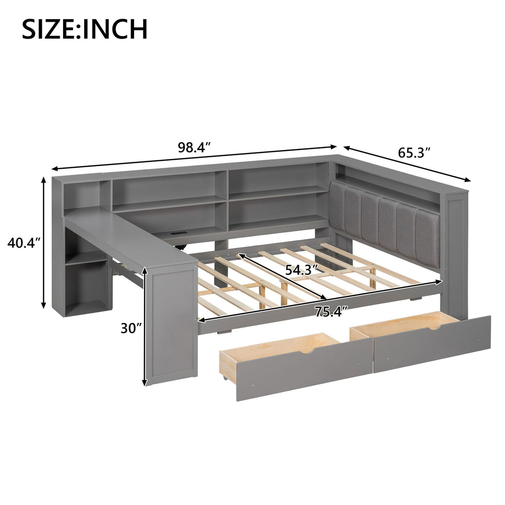 Platform Bed With Storage Shelves, Drawers, Charging Station, LED, Desk