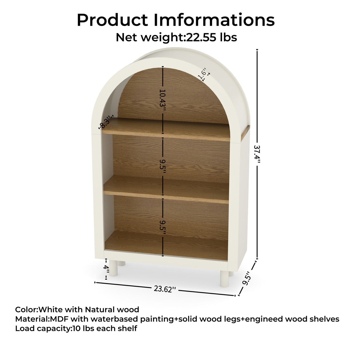 Arched Small Bookcase, Storage Cabinet, Bookshelf With 3 Shelves For Living Room - Oak / White