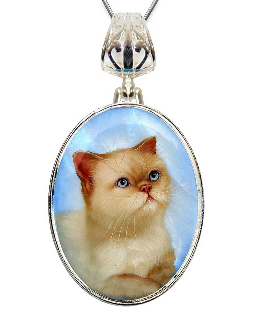 White Cat Angled Silver-Plated Mother of Pearl Jewelry Pendant Necklace - 44016