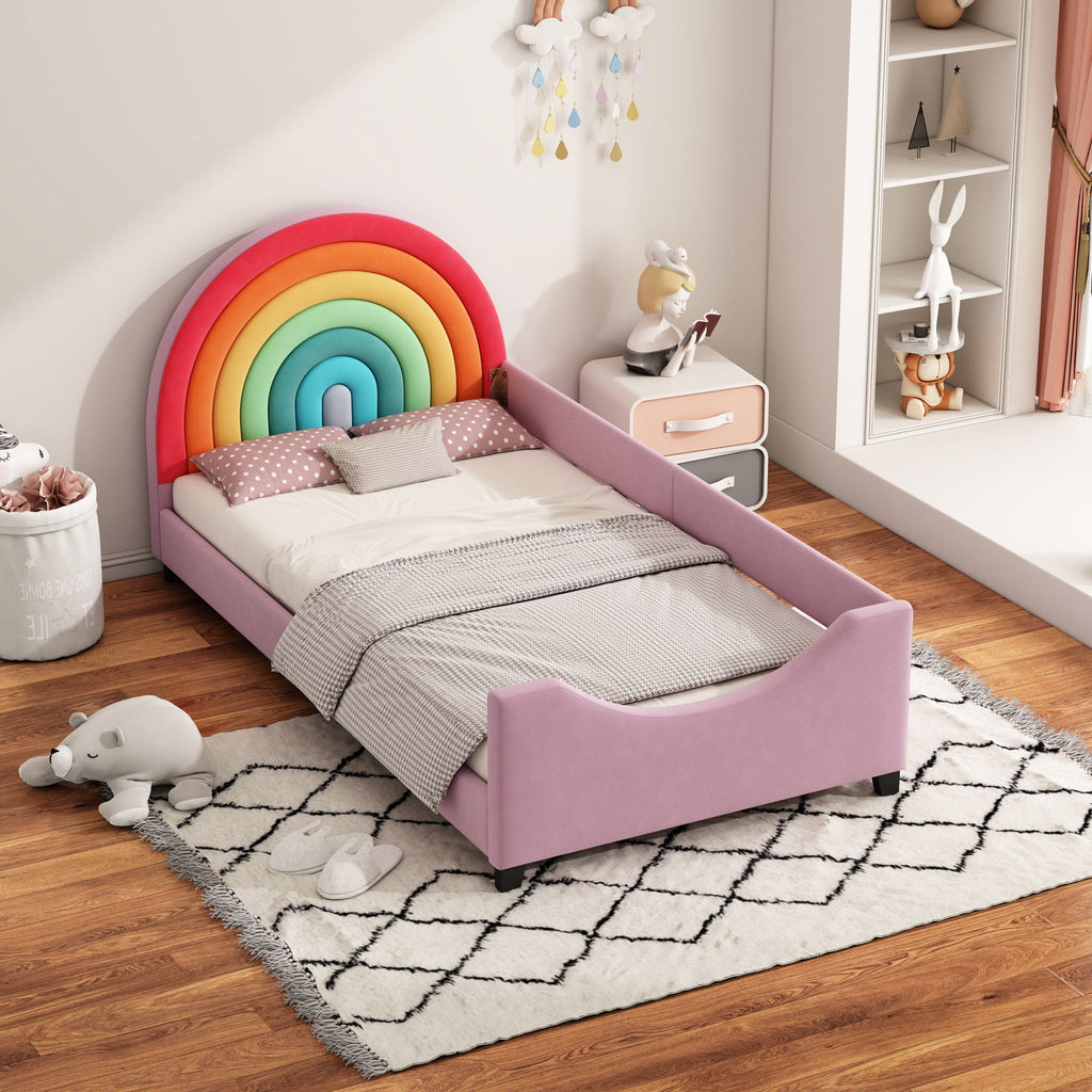 Rainbow Upholstered Twin Daybed Low To The Ground Design Cute Style Princess Bed - Colorful / Pink