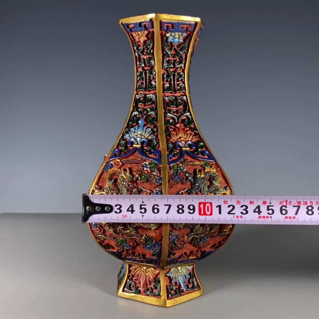 Beijing Carved Red Lacquer (Tihong) Dragon Vase – Hexagonal Six-Prism Appreciation Bottle