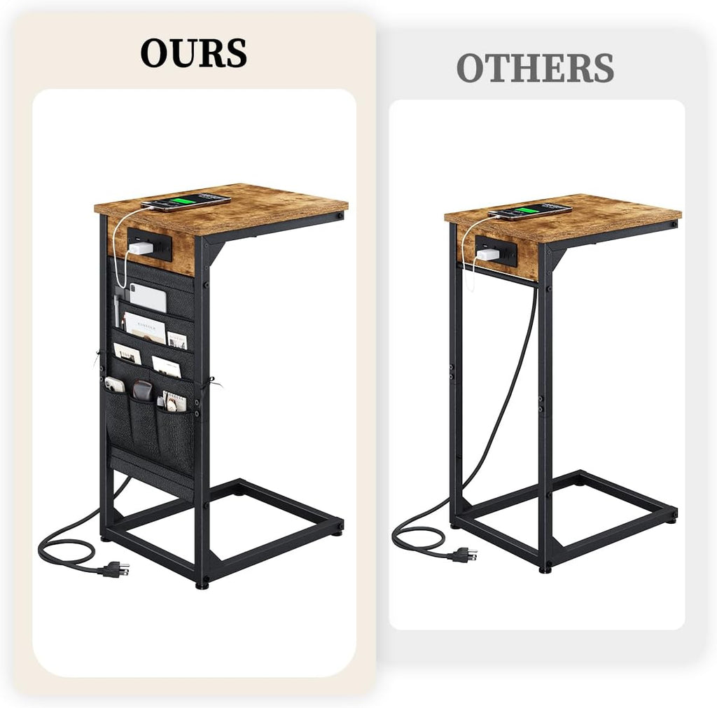C-Shaped End Tables Set of 2, Small Couch Side Table with Fast-Charging Station, Sofa TV Tray Table with Storage Bag for Living Room, Bedroom, Bedside ET-BR-2