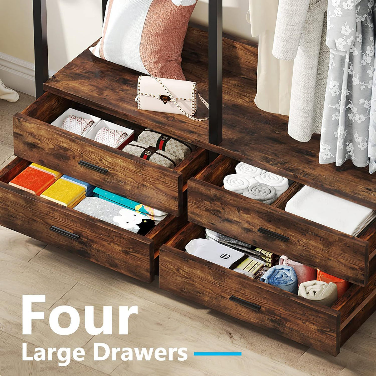 Freestanding Closet Organizer With 4 Drawers, 8 Hooks, Shelves, And Hanging Rod - Brown / Black