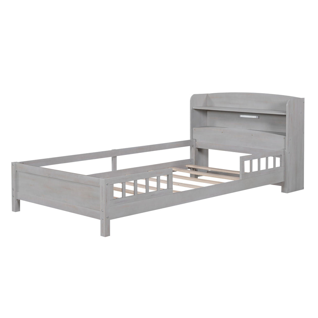 Wood Platform Bed With Built In LED Light, Storage Headboard And Guardrail