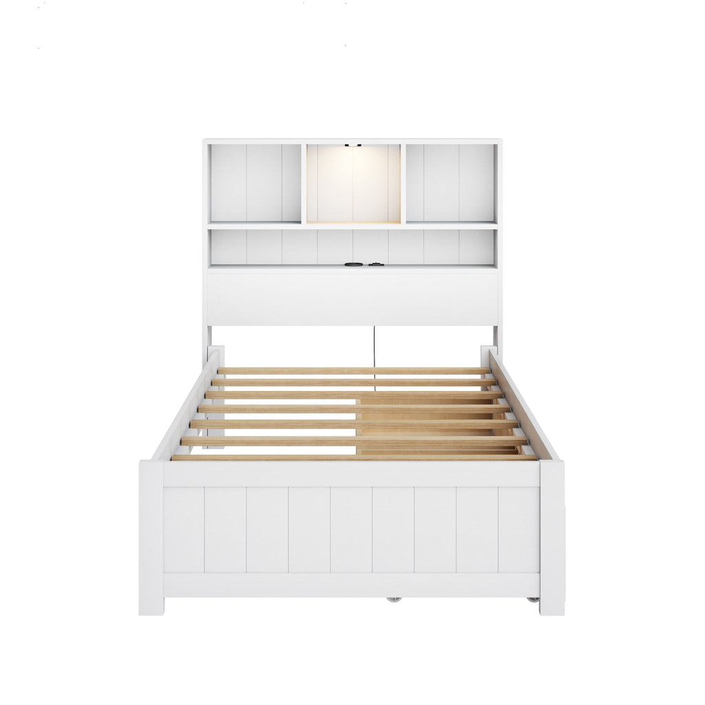 Platform Bed With Bookcase Headboard, Built-In Downlight, Charging Station, And 2 Side Drawers