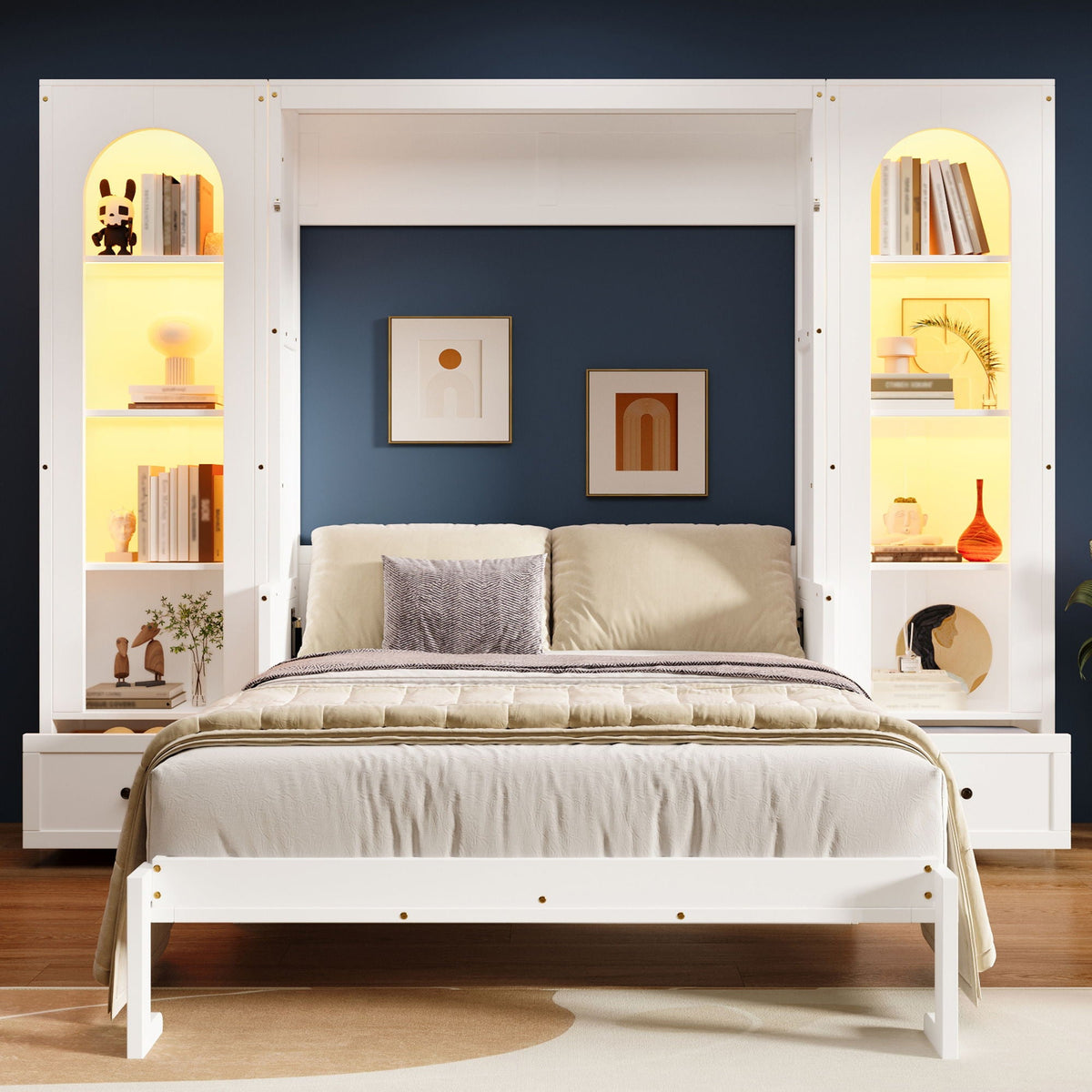 French Style Murphy Platform Bed With Shelf, Side Cabinets, Drawers And LED