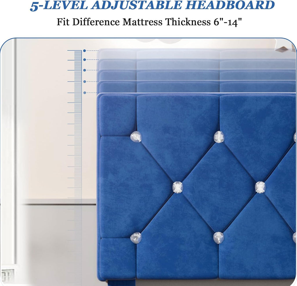 Twin Size Bed Frame, Upholstered Platform with Adjustable Diamond Tufted Headboard, Wood Slat Support, No Box Spring Needed, Navy Blue