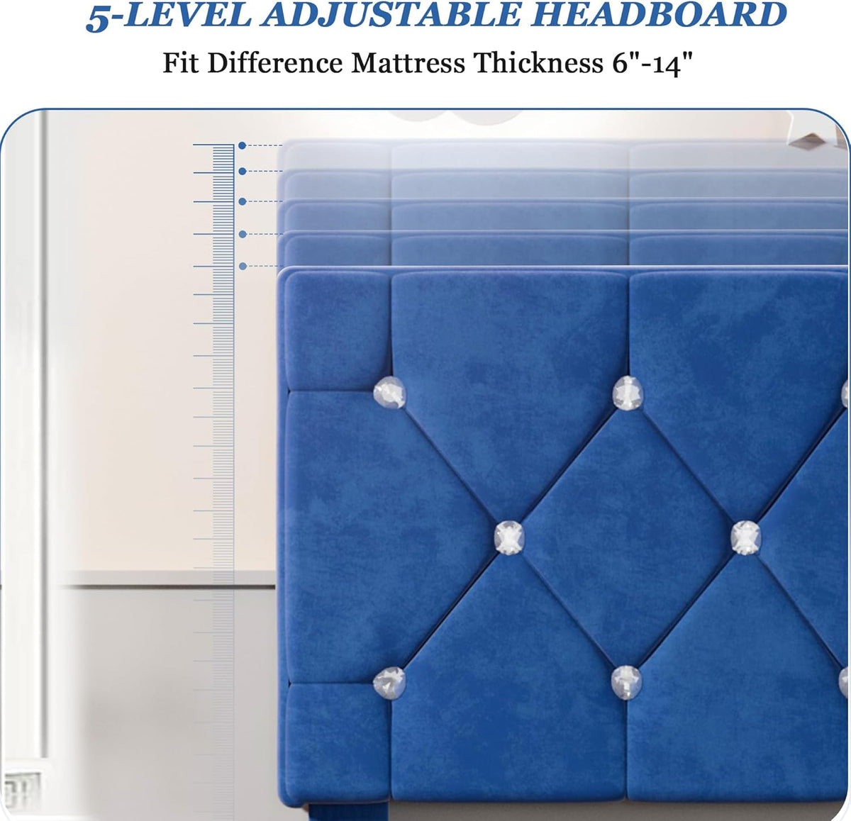 Twin Size Bed Frame, Upholstered Platform with Adjustable Diamond Tufted Headboard, Wood Slat Support, No Box Spring Needed, Navy Blue