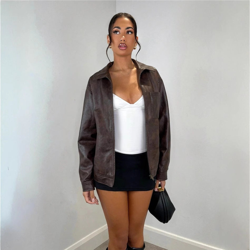 High-end Sophisticated Leather Jacket With A Lapel Collar And Zipper-front Cardigan Top