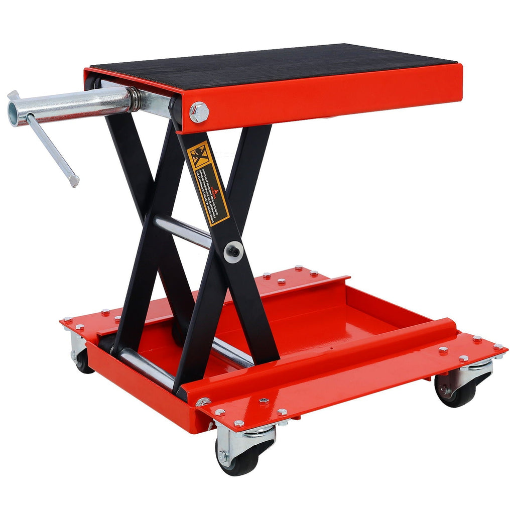 Heavy Duty Motorcycle Lift Jack With Dolly Tray And Wide Deck - Red
