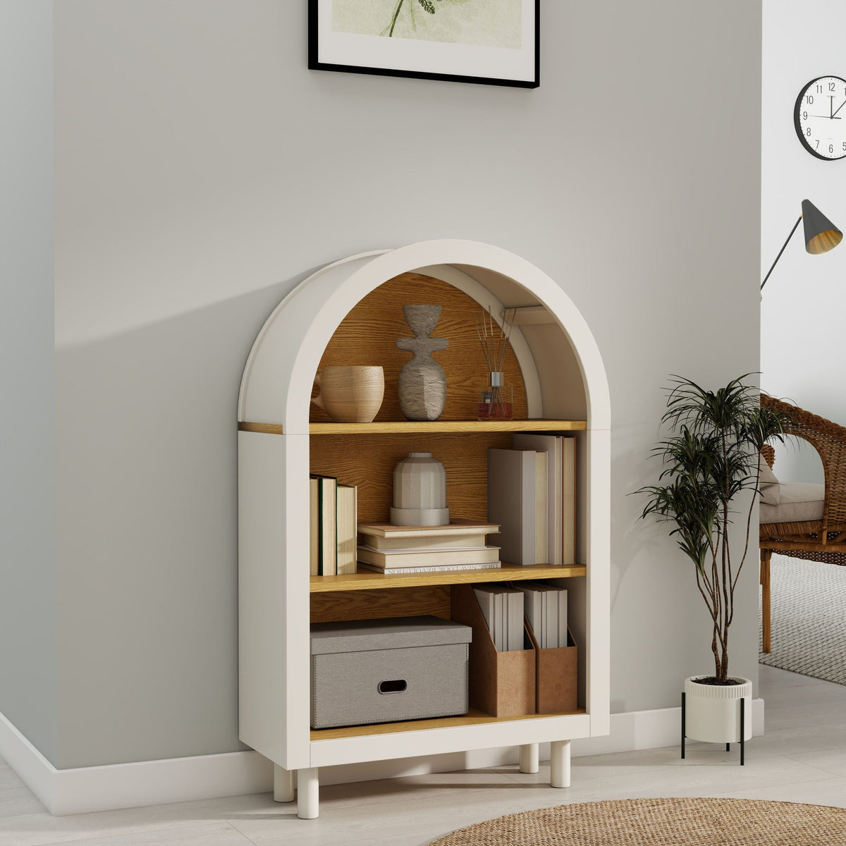 Arched Small Bookcase, Storage Cabinet, Bookshelf With 3 Shelves For Living Room - Oak / White