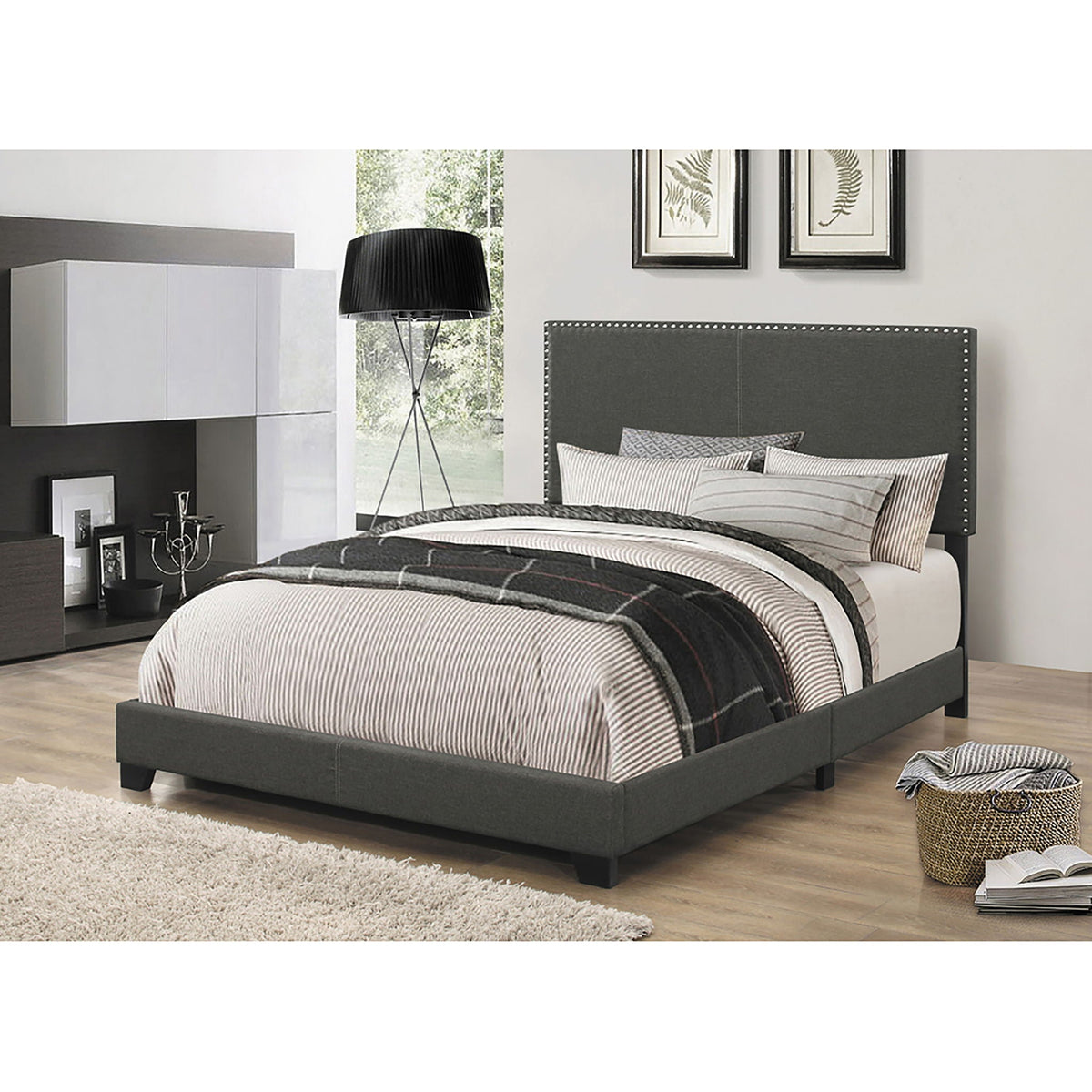 Queen Bed With Nailhead Trim - Charcoal