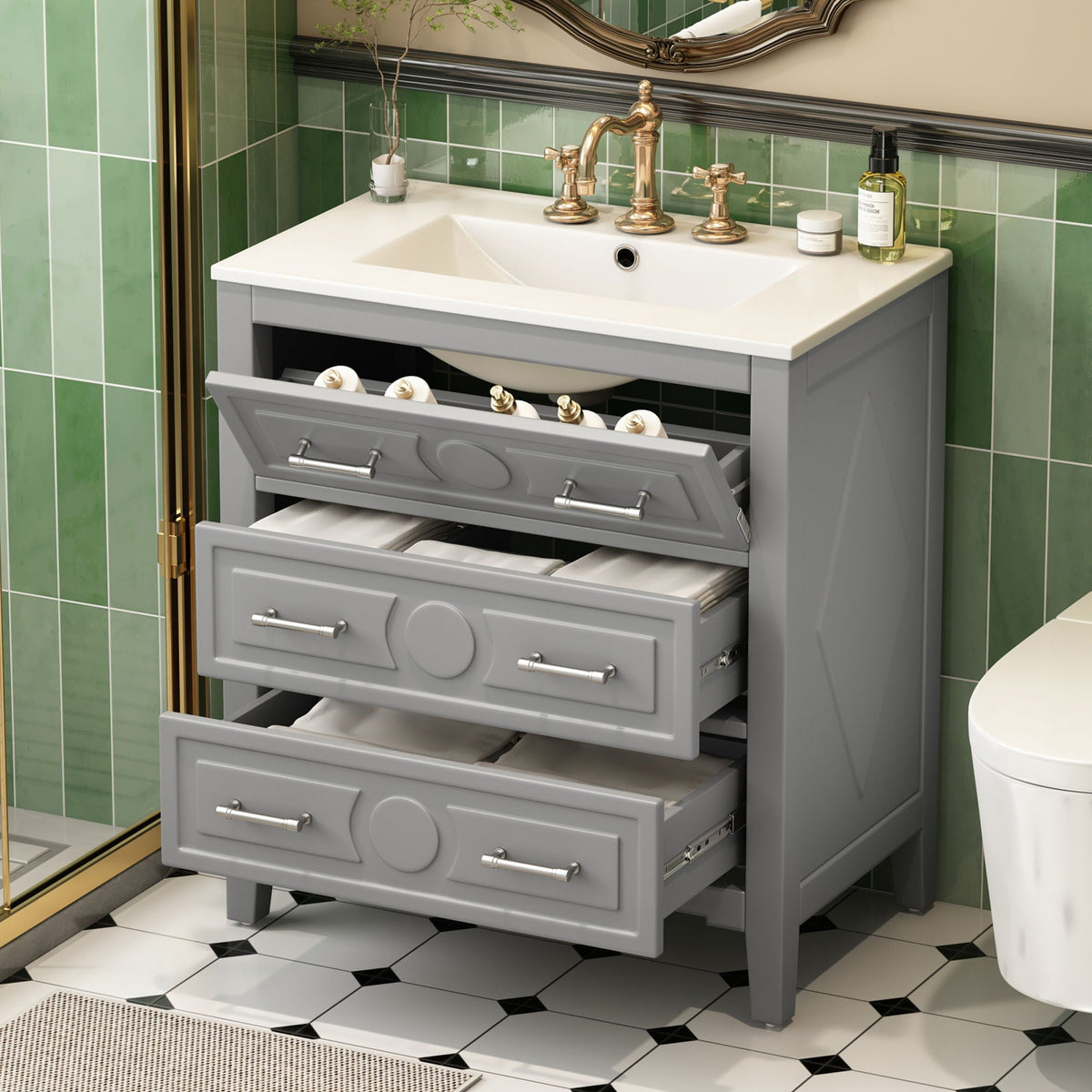 Retro Bathroom Vanity With Sink Combo, Free Standing Single Set With 3 Drawers